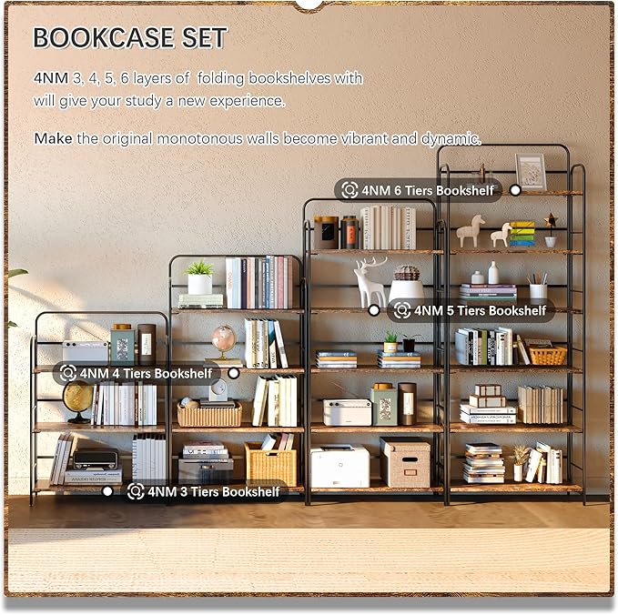 4NM No Assembly Folding Bookshelf 6 Tiers Vintage Industrial Black Book Shelf - Image 5