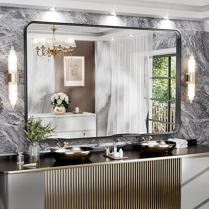 Hasipu Black Bathroom Mirror 59x39 Inch Rounded Rectangle Vanity Mirror Metal by Whatssuitableisthebest