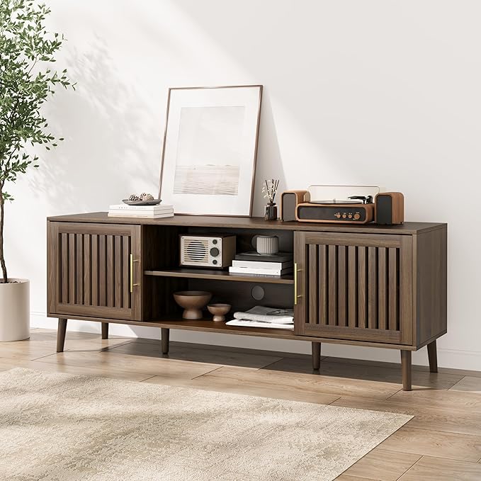 Smuxee Walnut TV Stand with Grille Striped Design, 62.99" Mid Century Modern TV - Image 8