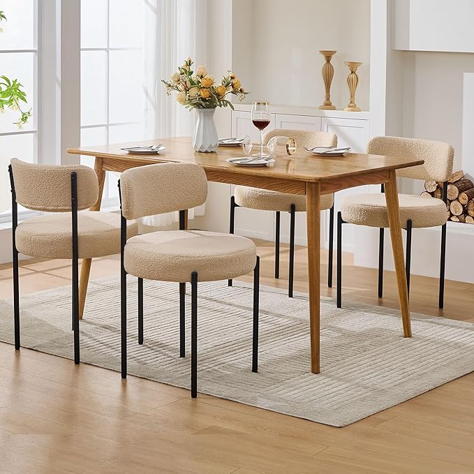 Boucle Dining Chairs, Kitchen Dining Room Chairs Curved Backrest Upholstered - Image 3