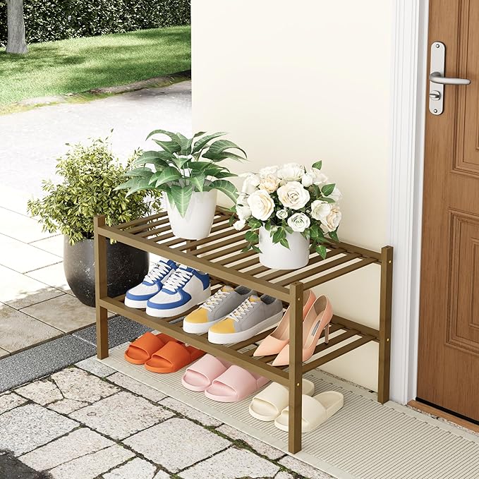 Smiry Shoe Rack, 2 Tier Thick Bamboo Shoe Organizer, Stackable Free Standing - Image 7