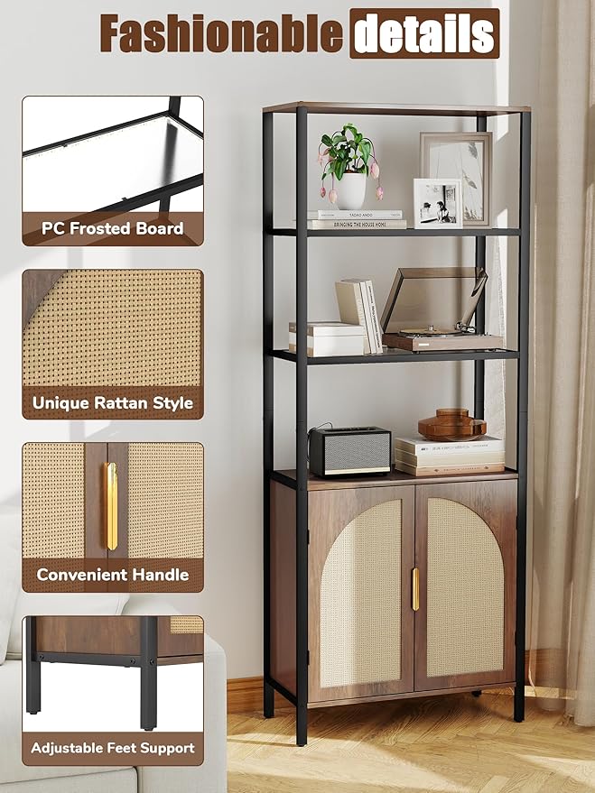 5 Tier Rattan Bookcase with Light 71" Tall Boho Bookshelf with Doors Large - Image 4