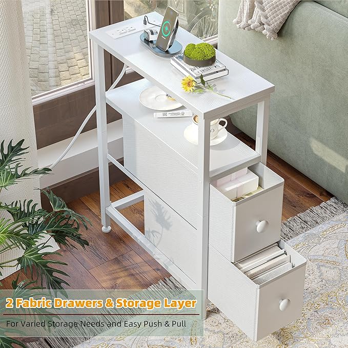 TIQLAB End Table with Charging Station, Narrow Side Table with 2 Fabric Drawers - Image 7