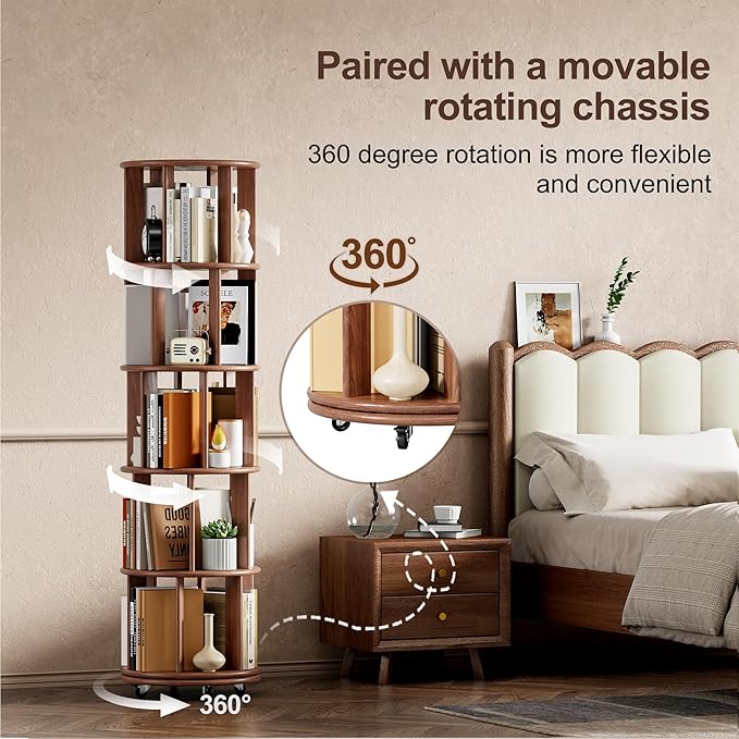 KEIKI 5 Tier Rotating Bookshelf on Wheels, Solid Wood Revolving Bookcase - Image 3