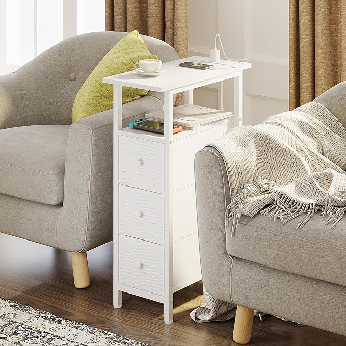 End Table with Charging Station, Narrow Side Table with 3 Fabric Drawers - Image 2
