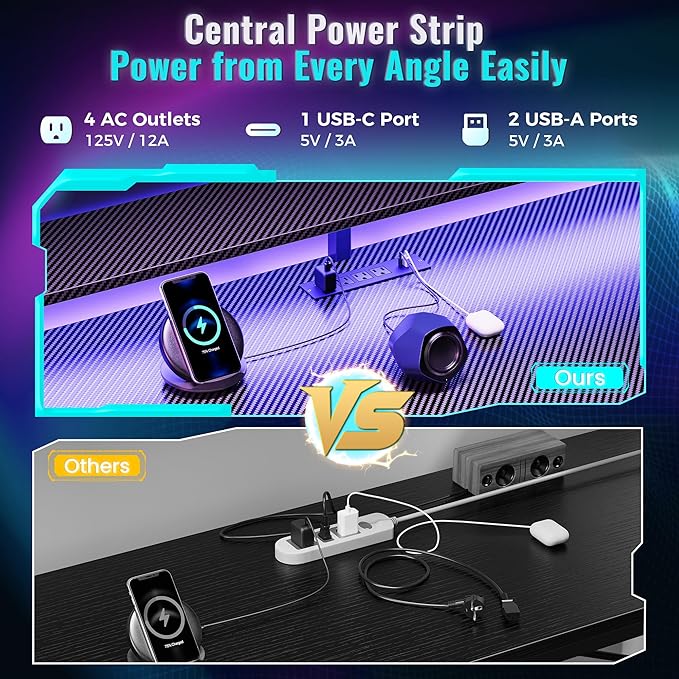 PRAISUN 68" Gaming Desk with LED Lights & Outlets, Computer Desk with 3 Fabric - Image 5
