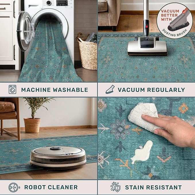 2x3 Washable Teal Rug for Entryway Indoor, Kitchen Floor Waterproof, Powder Room - Image 4