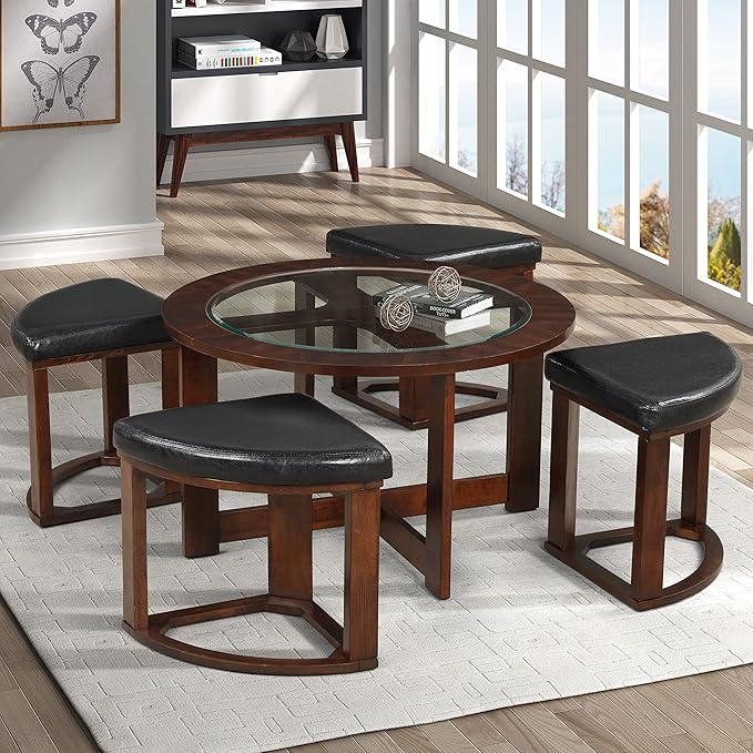 Roundhill Furniture Cylina Solid Wood Glass Top Round Coffee Table - Image 2