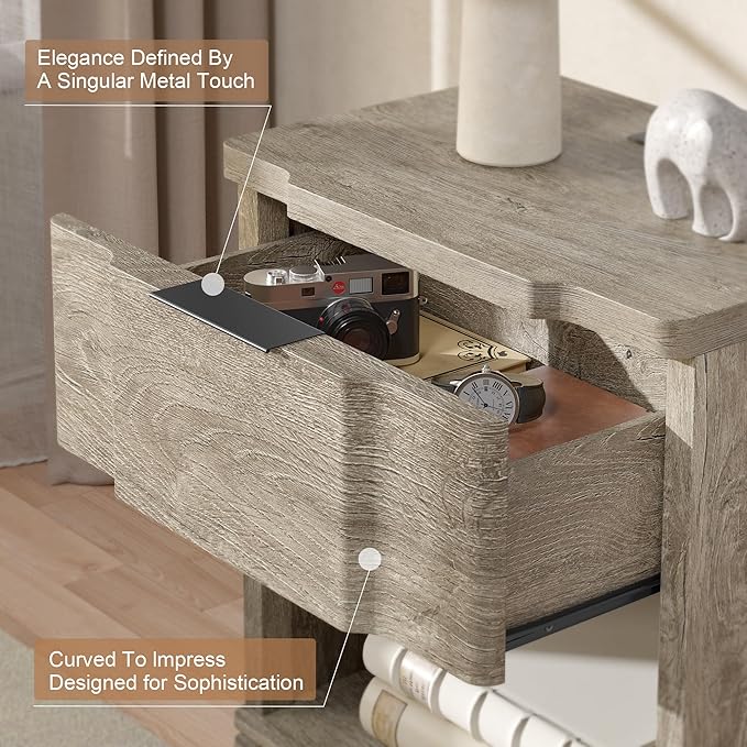 Night Stand with Charging Station, Wooden Mid Century Modern Nightstand with - Image 3