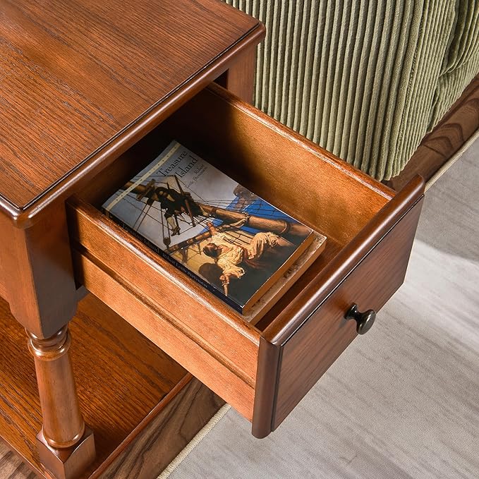 Narrow End Table with Drawer and Open Storage Shelf, Solid Wood Sofa Side Table - Image 6