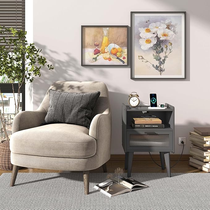 Nightstand with Charging Station, Bedside Tables Set of 2, End Table Side Table - Image 5