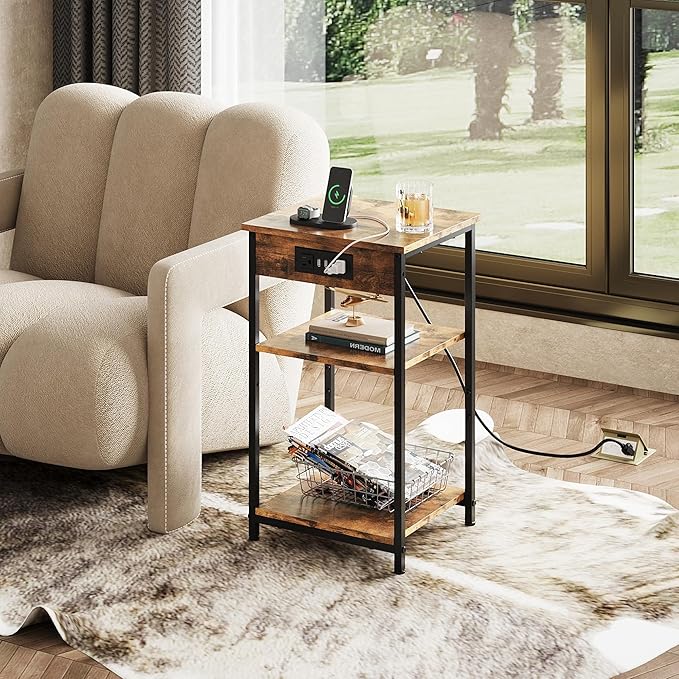 WLIVE End Table with Charging Station, Small Night Stand with 3 Storage Shelves - Image 2