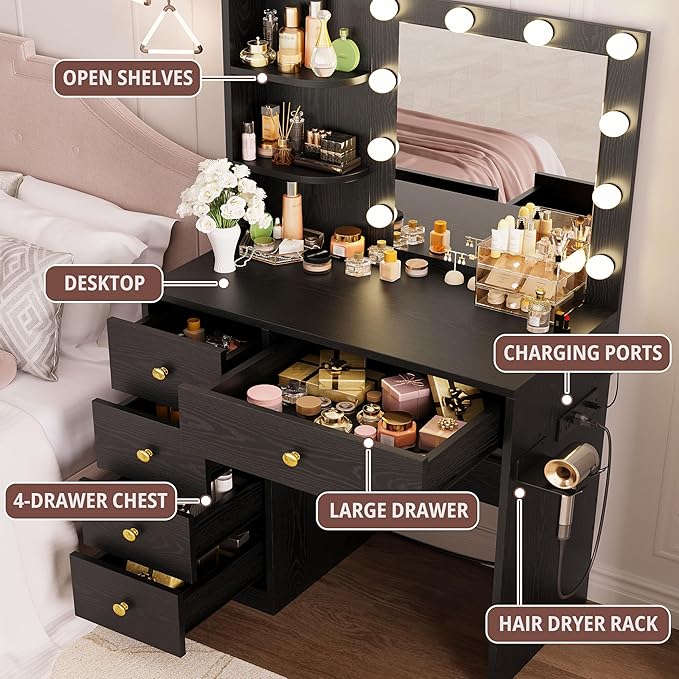 IRONCK Vanity Desk with Mirror and Lights, Small Makeup Vanity Table with 5 - Image 4
