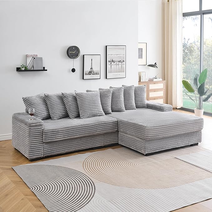 KEIKI 114" Corduroy Sofa with Cup Holders & Storage, L Shaped Sleeper Cloud - Image 2