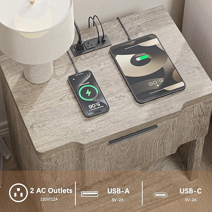 Night Stand with Charging Station, Wooden Mid Century Modern Nightstand with - Image 4