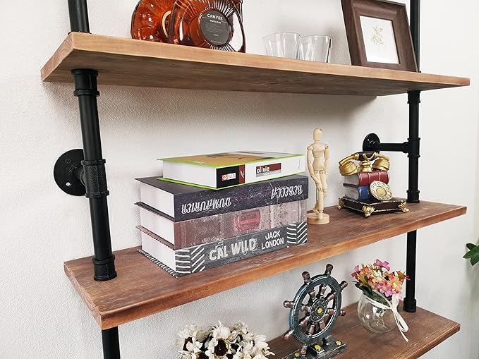 7 Tier Industrial Wall Mounted Ladder Shelf Bookcase, Rustic Wood Metal Pipe - Image 5