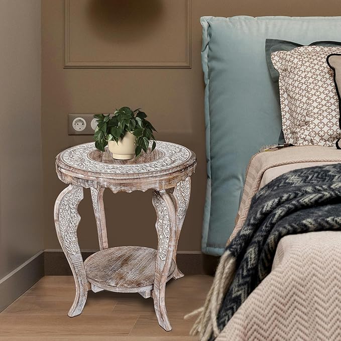 The Wooden Town Farmhouse Round Accent End Table, Rustic Side Table Nightstands - Image 9