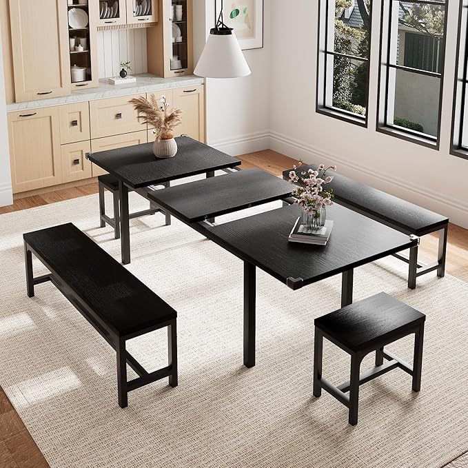 5-Piece Dining Table Set for 4-6, Metal Frame & MDF Board, Farmhouse by Einhomn