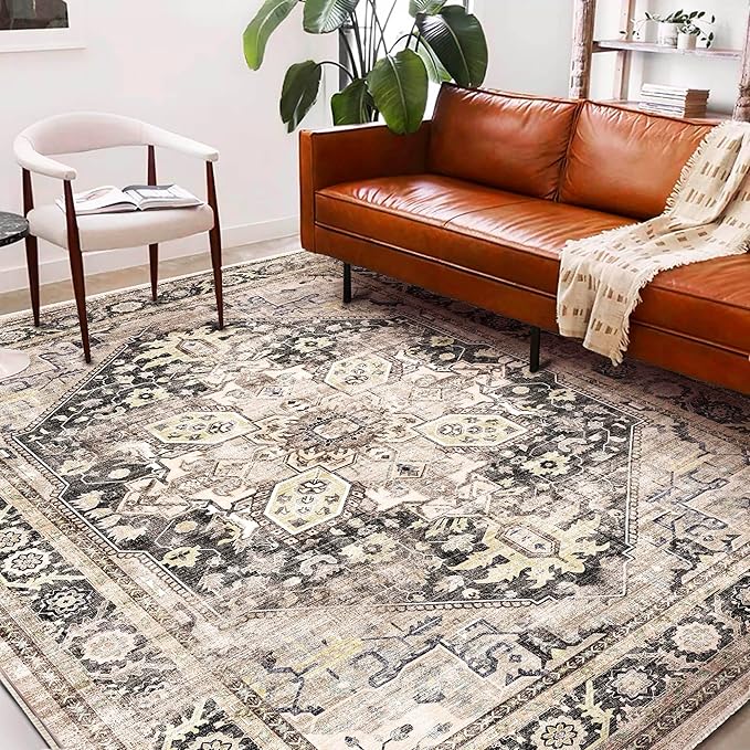 Washable Area Rug 10'x14' Black-Purple Khaki Retro Flowers Boho Design - Image 2