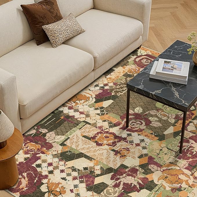 GENIMO 5X7 Floral Area Rugs for Living Room, Machine Washable Non Slip Vintage - Image 4