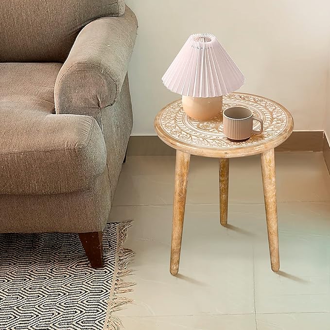 Wooden Table with 3 Legs Pillar, Carving End Tables, Round Coffee Tables - Image 5