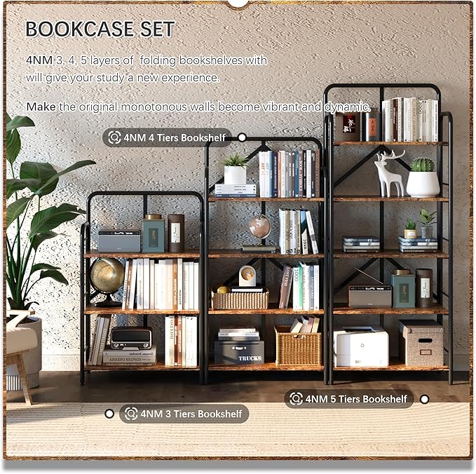 4NM No Assembly Folding Bookshelf 4 Tiers Vintage Industrial Black Book Shelf - Image 6