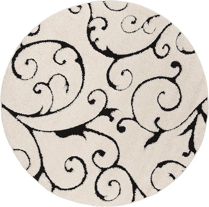 SAFAVIEH Florida Shag Collection 4' Round Ivory / Black SG455 Scrolling Vine by SAFAVIEH