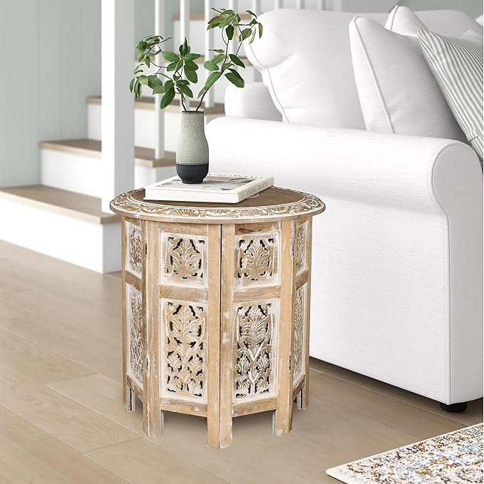 Lightnpro Hand Carved Solid Mango Wood Octagonal Accent Table - Image 2