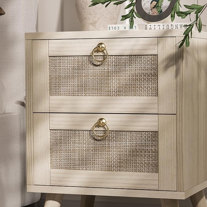 BOLUO Wooden Night Stand with 2 Drawer, Rattan Small Nightstand Boho Bedside - Image 4
