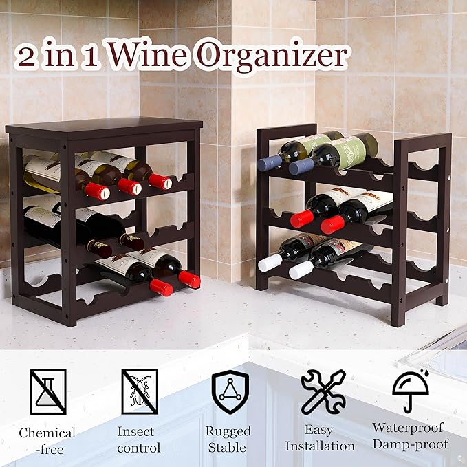 Bamboo Wine Rack, 24 Bottles Wine Display Storage Shelves - Image 4