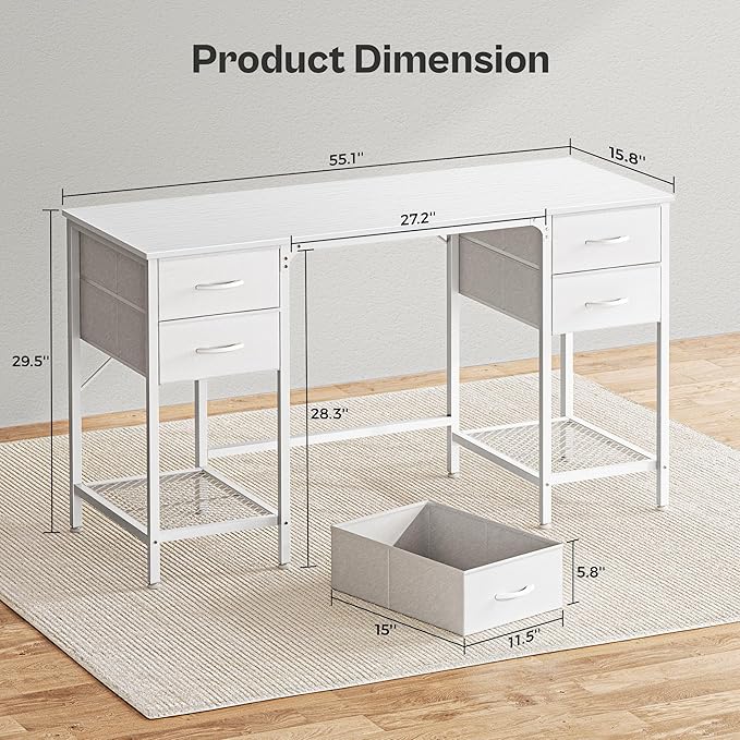 Huuger 55 Inch White Desk with 4 Drawers, Vanity Desk with Mesh Shelf - Image 3