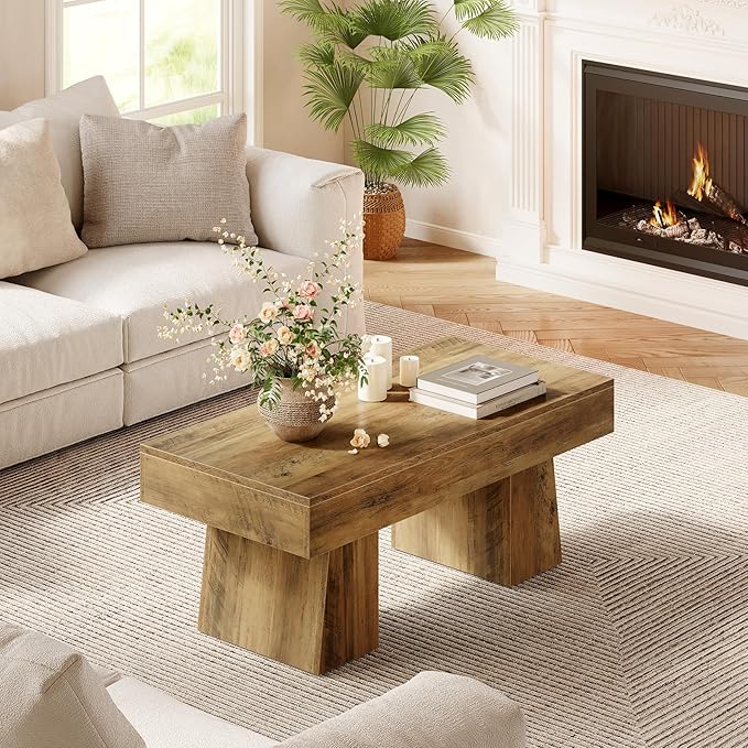LITTLE TREE Farmhouse Coffee Table, 47 Inches Wooden Rectangular Accent Center - Image 6