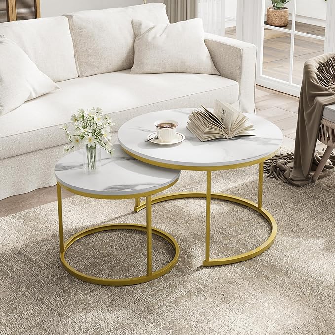 Smuxee White Nesting Coffee Table Set of 2, 27.6" Round Coffee Table Wooden by Smuxee