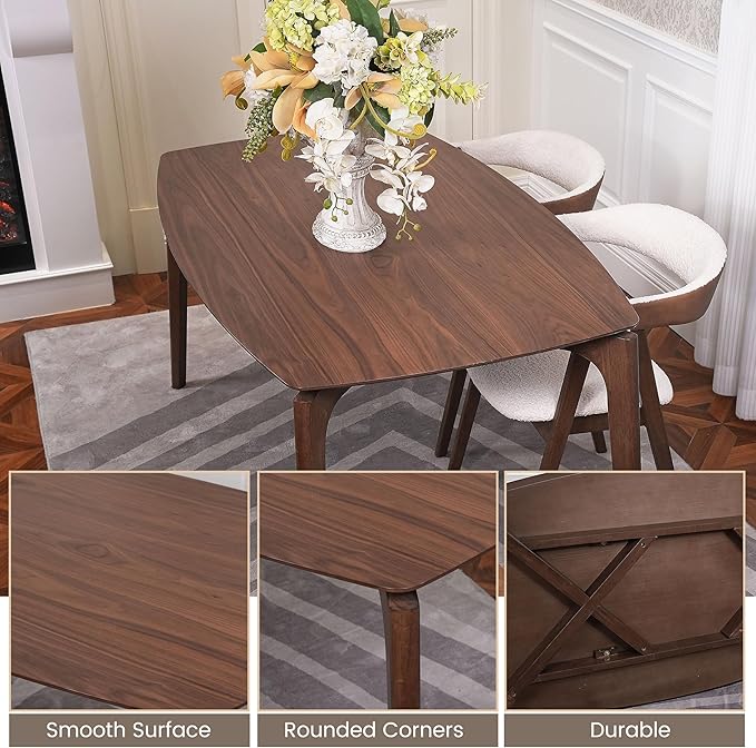 CONSDAN Dining Table for 4-6, Table Only, Walnut Veneer Top, Solid Wood Frame - Image 5