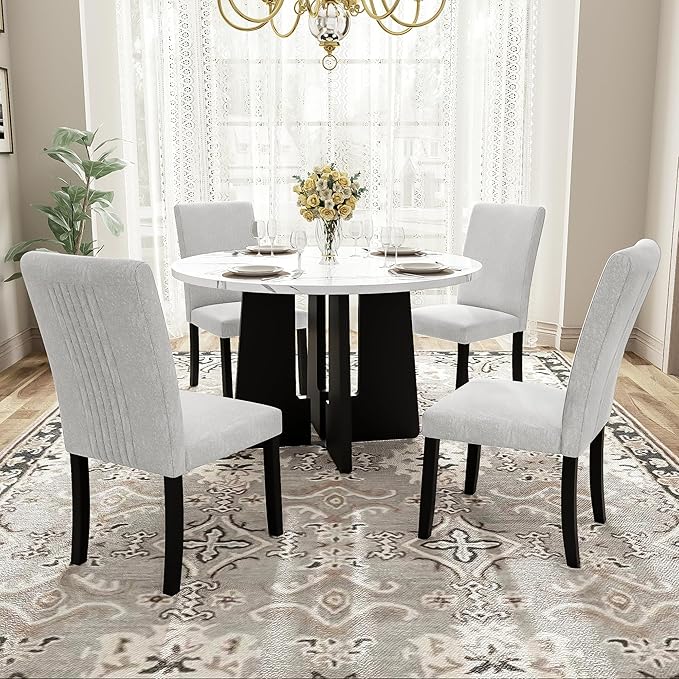 Merax 5-Piece Round Dining Table Set, Modern 4 Upholstered Chairs by Merax