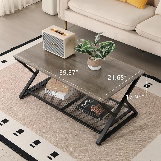 SENIG Coffee Table with Storage Shelf, Industrial Metal Wood Living Room Tables - Image 3