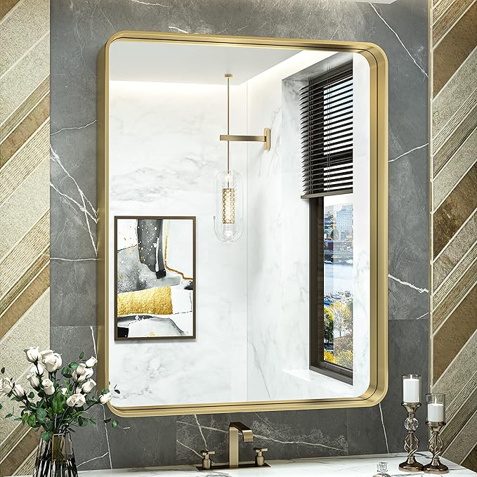 TokeShimi Gold Bathroom Mirror for Wall 30 x 36 Inch Metal Rounded Corner by RefinedBathroomAccessories