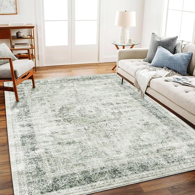 Area Rug 6'x9' Washable Floral Green Vintage Traditional Floor Cover Thin Retro - Image 2