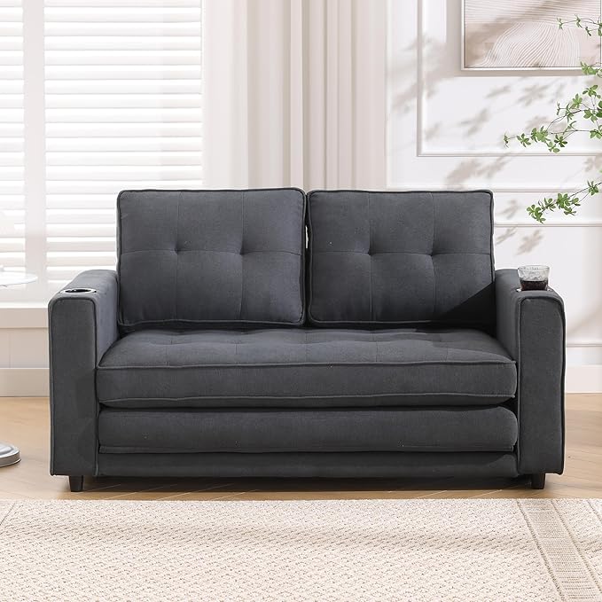 ERYE 3 Fold Tufted Upholstered Futon Sofa Bed Modern Convertible Foldable Floor - Image 3