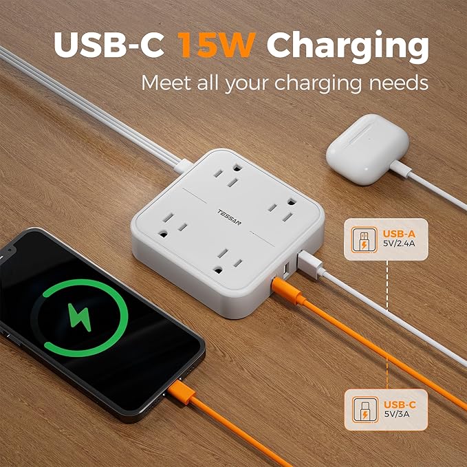Surge Protector Flat Extension Cord 5FT, TESSAN Flat Plug Power Strip - Image 3