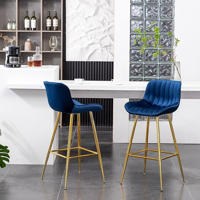 Sidanli Velvet Blue Bar Stools, 29 Inch Upholstered Island Stools - Image 3