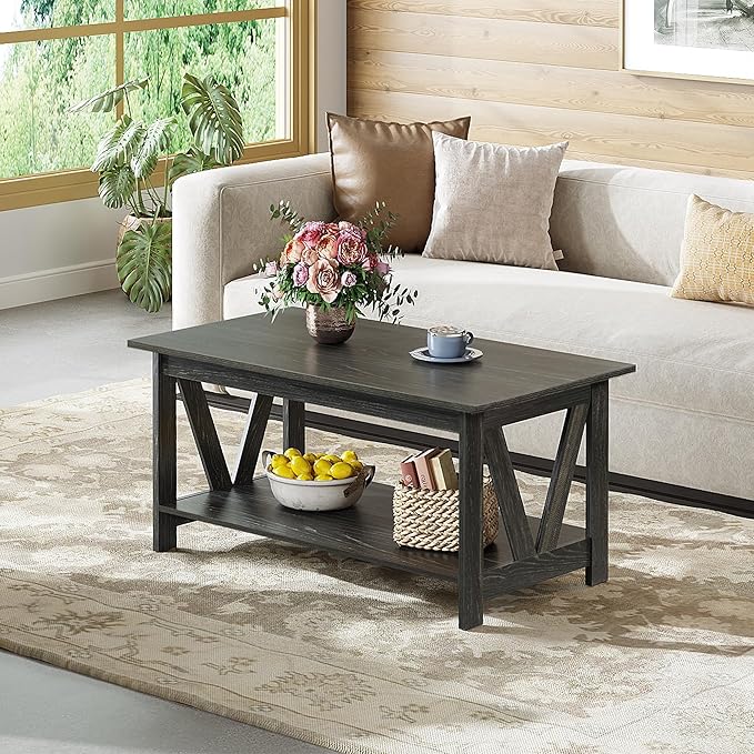 WLIVE Coffee Table with Storage Shelf, 39.4" Farmhouse Coffee Table with - Image 2