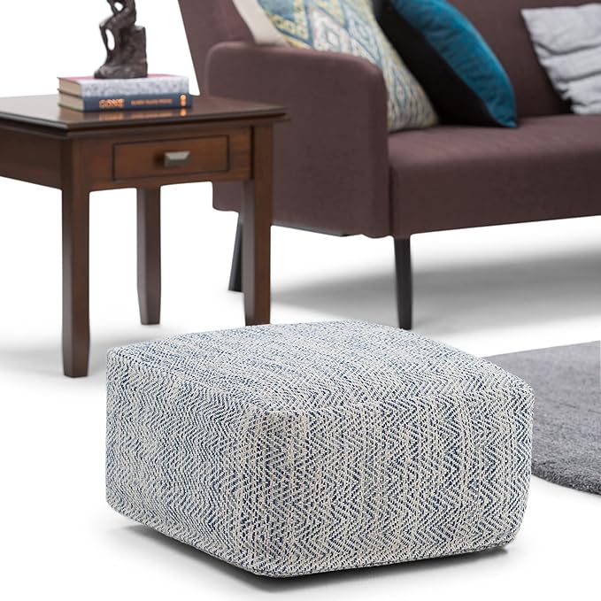 SIMPLIHOME Nate 20-inch Wide Square Pouf in Patterned Denim Mélange, Handwoven - Image 2