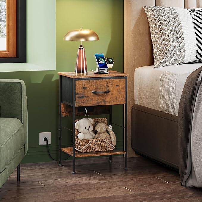 WLIVE Night Stand with Charging Station, Small Nightstand with Fabric Drawer - Image 2