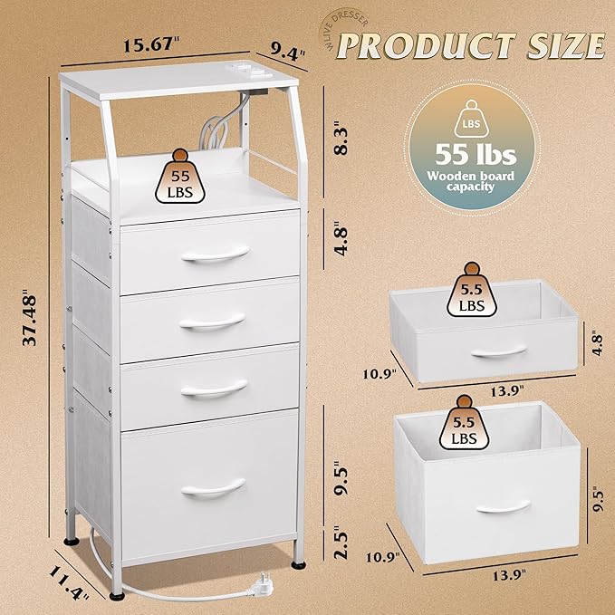 WLIVE Night Stand with Charger Station, Tall Dresser - Image 3
