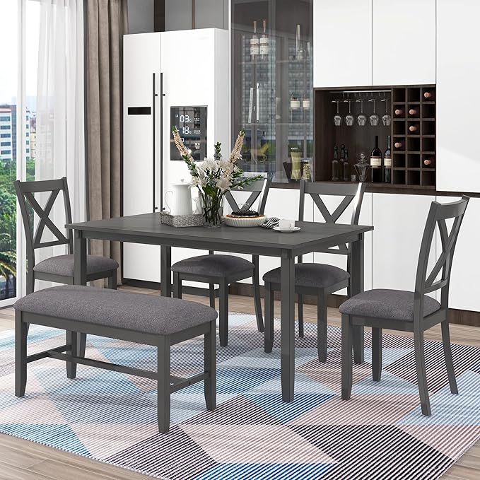 Merax 6-Piece Kitchen Dining Table Set Wooden Rectangular Dining Table by Merax