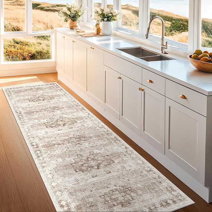 Beige Washable 2'6"x8' Wide Hallway Runners, Kitchen Runner Rug, Non-Slip & - Image 2