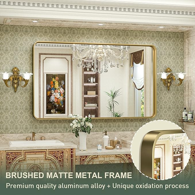 TokeShimi Gold Bathroom Mirror for Wall 48 x 30 Inch Metal Rounded Corner - Image 4