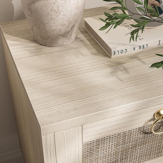 BOLUO Wooden Night Stand with 2 Drawer, Rattan Small Nightstand Boho Bedside - Image 5