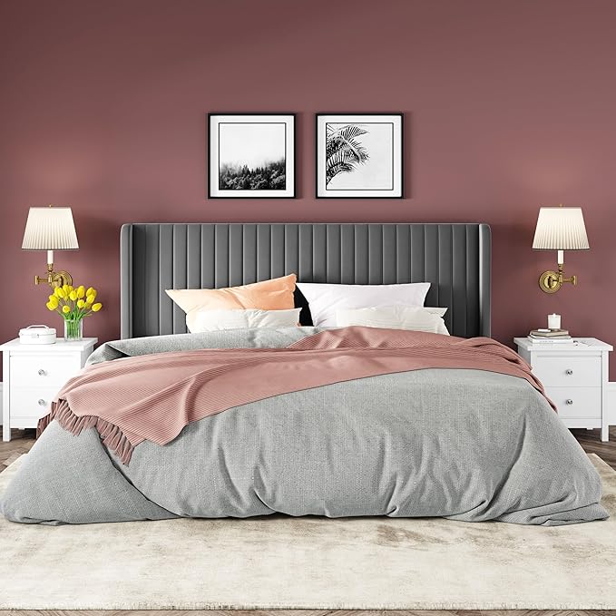 Allewie King Size Velvet Bed Frame/Vertical Channel Tufted Wingback - Image 3